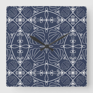 Marineblauw Moderne Kust Abstract Schelp Patroon Vierkante Klok