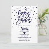 Marineblauw Moderne Script Baby Shower Confetti Kaart (Staand voorkant)