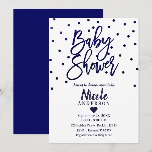 Marineblauw Moderne Script Baby Shower Confetti Kaart (Voorkant / Achterkant)