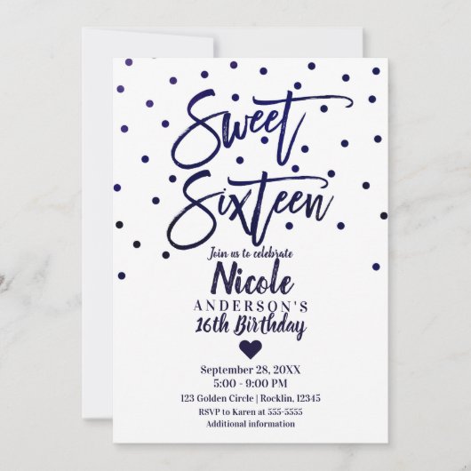 Marineblauw moderne script Sweet 16 Zestien Kaart (Voorkant)