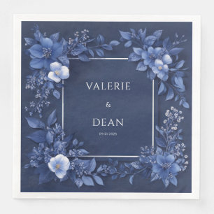Marineblauw Monochroom Bloem Wit Bruiloft Servet