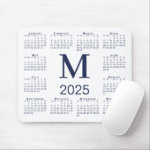 Marineblauw Monogram 2025 Kalender op Wit Muismat (Met muis)