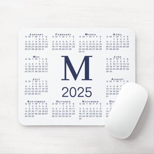 Marineblauw Monogram 2025 Kalender op Wit Muismat (Met muis)