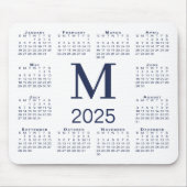 Marineblauw Monogram 2025 Kalender op Wit Muismat (Voorkant)