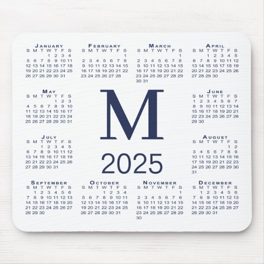 Marineblauw Monogram 2025 Kalender op Wit Muismat (Voorkant)