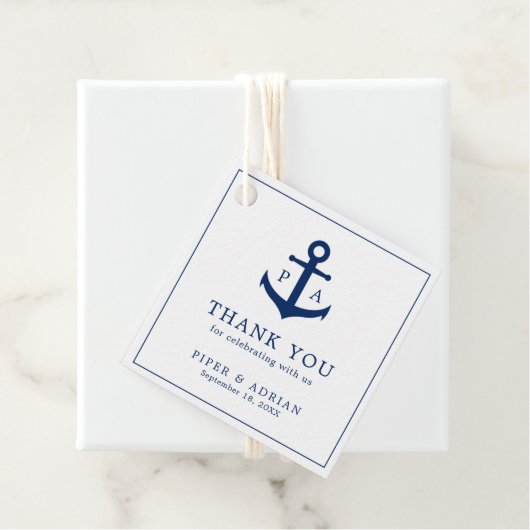 Marineblauw Monogram Anker Scheepvaart Huwelijk Bedankjes Labels (In situ)