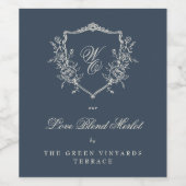 marineblauw Monogram Crest Classic Elegant Wedding Wijn Etiket (Enkel label)