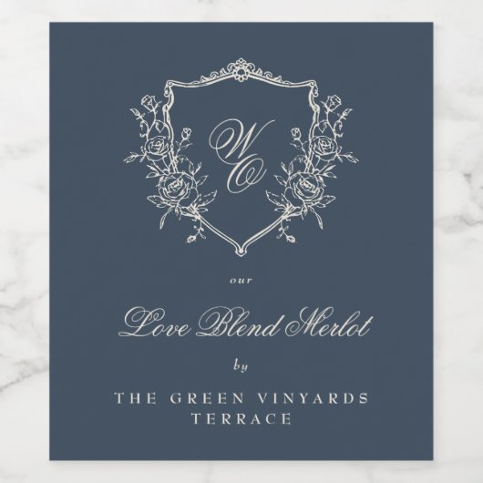 marineblauw Monogram Crest Classic Elegant Wedding Wijn Etiket (Enkel label)