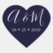 marineblauw monogram elegante bruiloft hart sticker (Voorkant)
