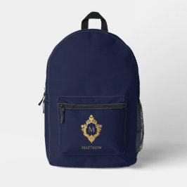 Marineblauw monogram nep gouden wapen en eigen naa bedrukte rugzak