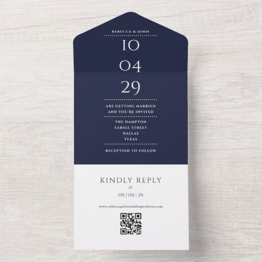 Marineblauw Monogram QR Code Trouwdatum All In One Uitnodiging (Binnen)