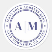 Marineblauw Monogram Retouradres Ronde Sticker (Voorkant)