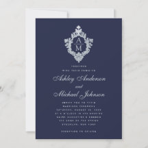Marineblauw Monogram Vintage Wapen Elegant Bruilof