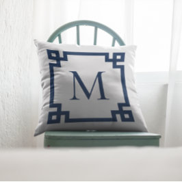Marineblauw Monogrammed Griekse hoofdgrens Kussen