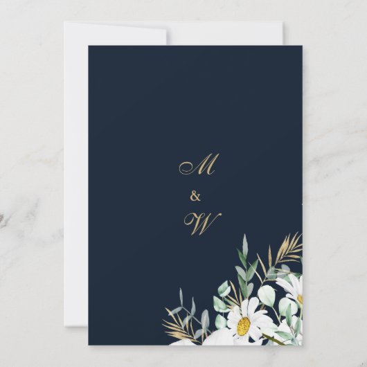 Marineblauw munt wit goud madeliefjes bloemenbruil kaart (Achterkant)