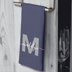 Marineblauw naammonogram theedoek