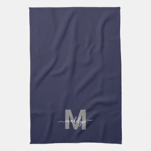 Marineblauw naammonogram theedoek (Verticaal)