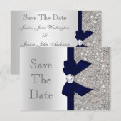 Marineblauw namaakboog & diamanten zilver Save The Save The Date (Voorkant / Achterkant)
