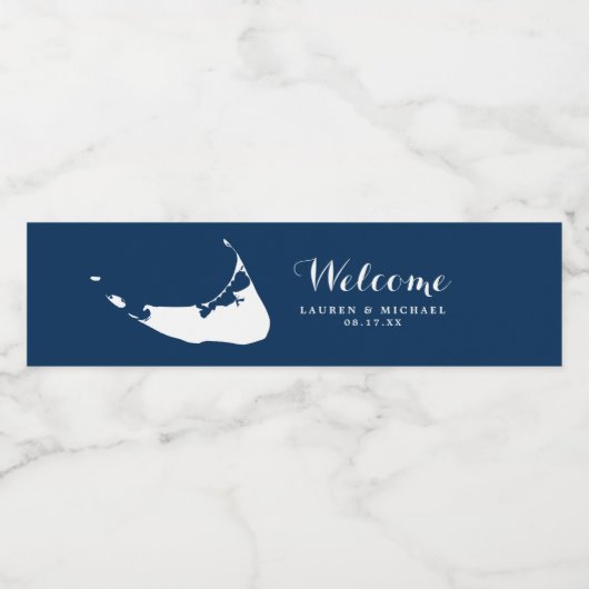 Marineblauw Nantucket Island Kaart Bruiloft Waterfles Etiket (Enkel label)