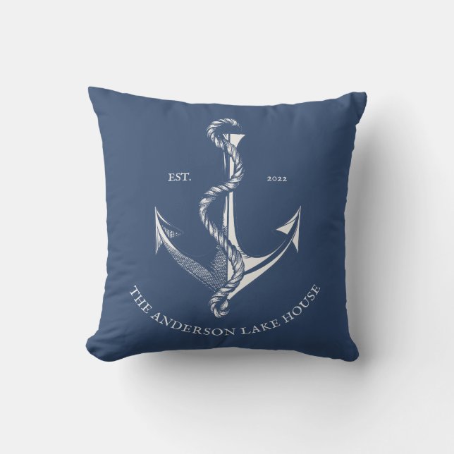  marineblauw Nautical Anchor Lake Beach Boat Buitenkussen (Voorkant)