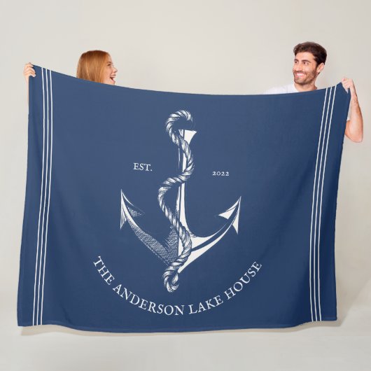  marineblauw Nautical Anchor Lake Beach Boat Fleece Deken (In situ)