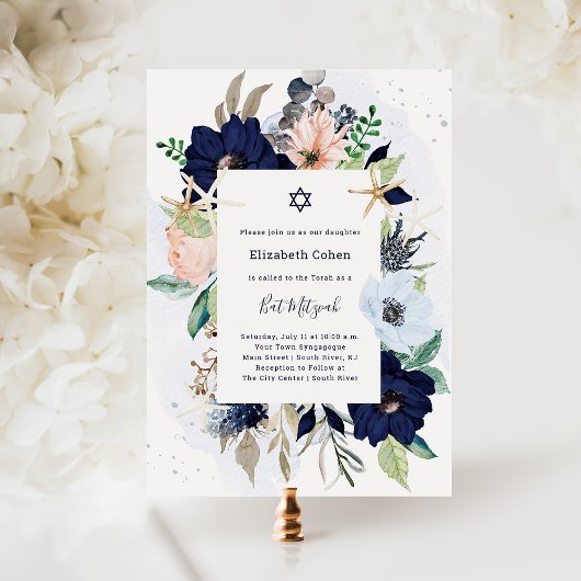 marineblauw Nautical Flowers | Bat Mitzvah Kaart