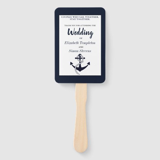 Marineblauw nautisch anker bruiloft programma handwaaier (Voorkant)