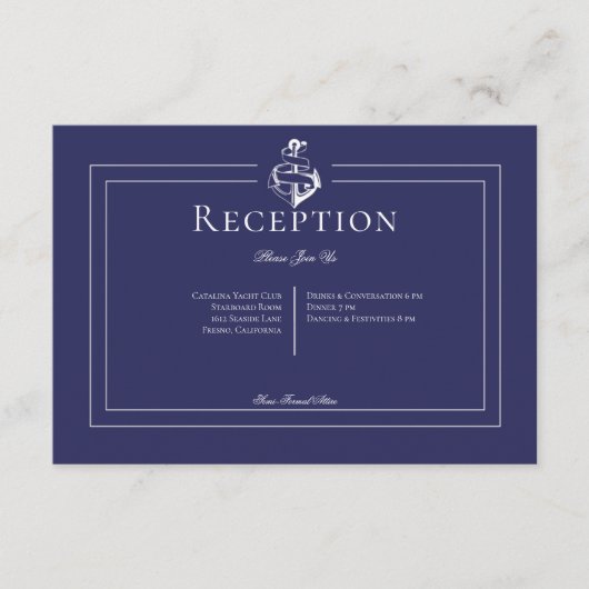 Marineblauw nautisch anker bruiloft receptie informatiekaartje (Voorkant)