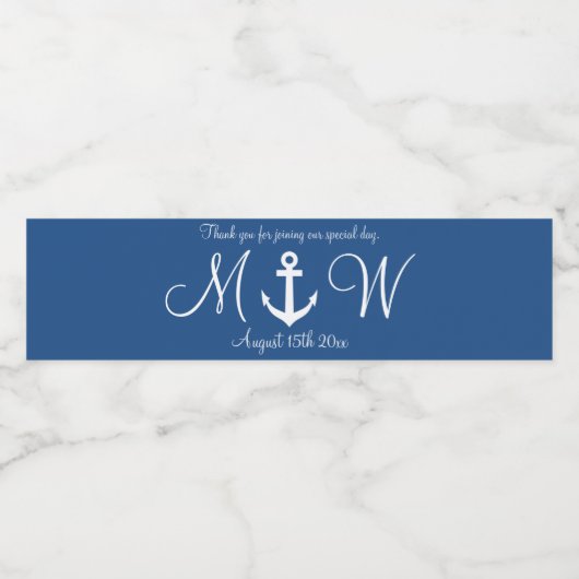 Marineblauw nautisch anker bruiloft waterfles etiket (Enkel label)