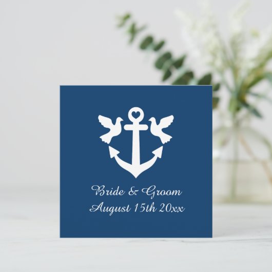 Marineblauw nautisch anker en witte duiven bruilof kaart (Staand voorkant)