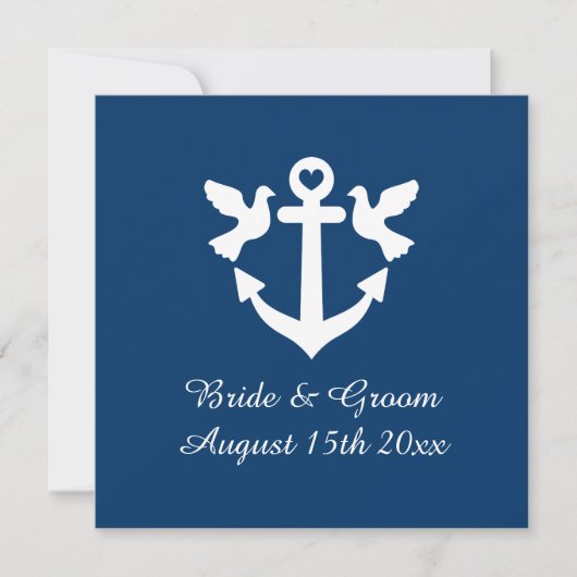 Marineblauw nautisch anker en witte duiven bruilof kaart (Voorkant)