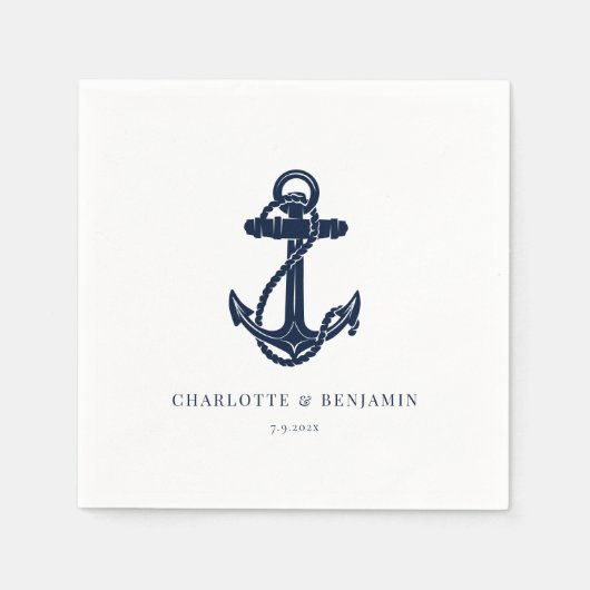 Marineblauw nautisch anker kustbruiloft papier servet (Voorkant)