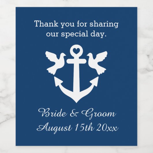 Marineblauw nautisch anker witte duif bruiloft wijn etiket (Enkel label)