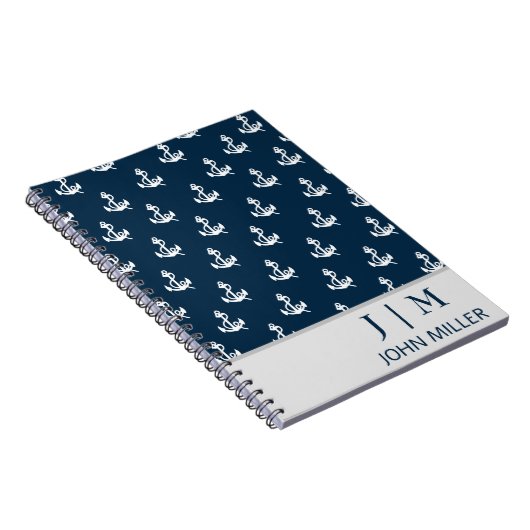 Marineblauw nautisch bootankerpatroon monogram notitieboek (Rechterzijde)