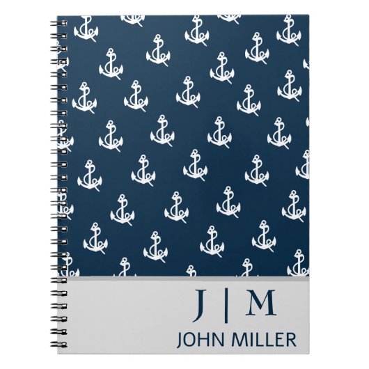 Marineblauw nautisch bootankerpatroon monogram notitieboek (Voorkant)