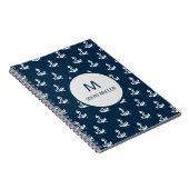 Marineblauw nautisch bootankerpatroon monogram notitieboek (Rechterzijde)