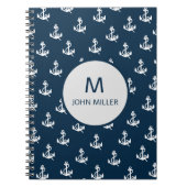 Marineblauw nautisch bootankerpatroon monogram notitieboek (Voorkant)