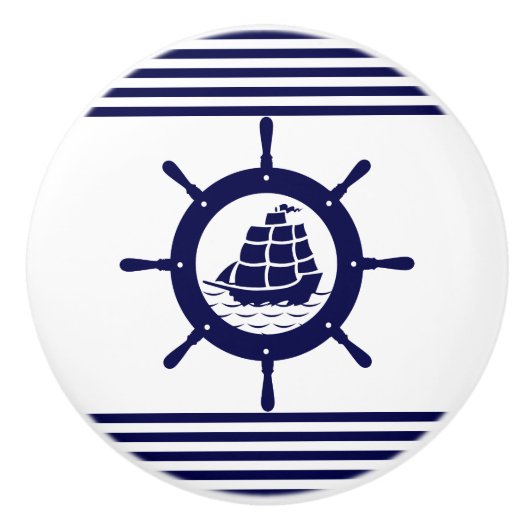 Marineblauw nautisch bootwiel en strepen keramische knop (Voorkant)