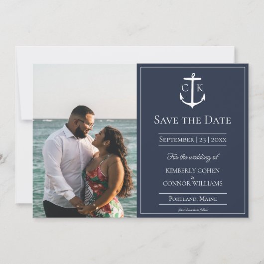 Marineblauw nautisch monogram foto save the date k (Voorkant)