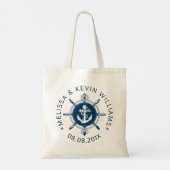 Marineblauw nautisch scheepswiel en anker tote bag (Achterkant)