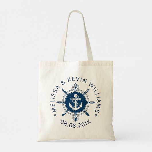 Marineblauw nautisch scheepswiel en anker tote bag (Achterkant)