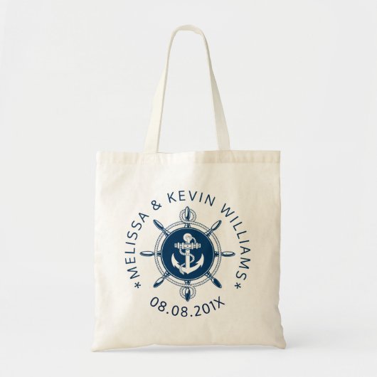 Marineblauw nautisch scheepswiel en anker tote bag (Voorkant)