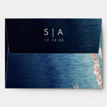 Marineblauw Ombre Agaat & Roos Goud Bruiloft Monog