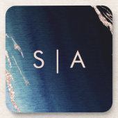 Marineblauw Ombre Agaat & Roos Goud Bruiloft Monog Onderzetter (Voorkant)