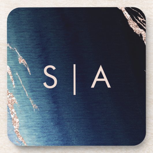 Marineblauw Ombre Agaat & Roos Goud Bruiloft Monog Onderzetter (Voorkant)