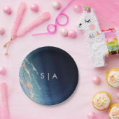 Marineblauw Ombre Agaat & Roos Goud Bruiloft Monog Papieren Bordje (Feest)