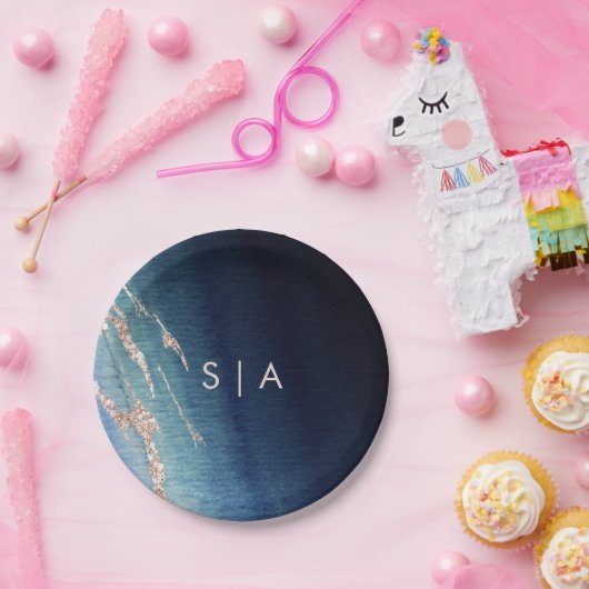 Marineblauw Ombre Agaat & Roos Goud Bruiloft Monog Papieren Bordje (Feest)