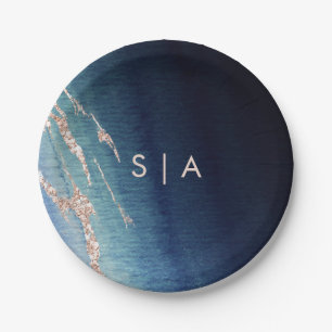 Marineblauw Ombre Agaat & Roos Goud Bruiloft Monog Papieren Bordje