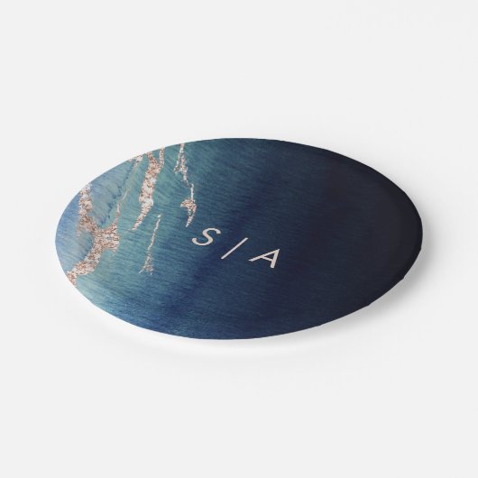 Marineblauw Ombre Agaat & Roos Goud Bruiloft Monog Papieren Bordje (Gekanteld)