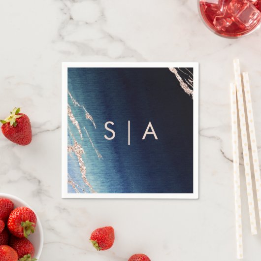 Marineblauw Ombre Agaat & Roos Goud Bruiloft Monog Servetten (Insitu)